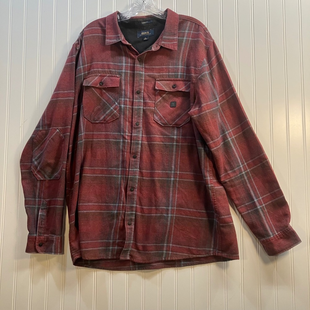 Roark Revival Nordsman Red Plaid Flannel Shirt Mens XL Classic Fit Elbow Patches